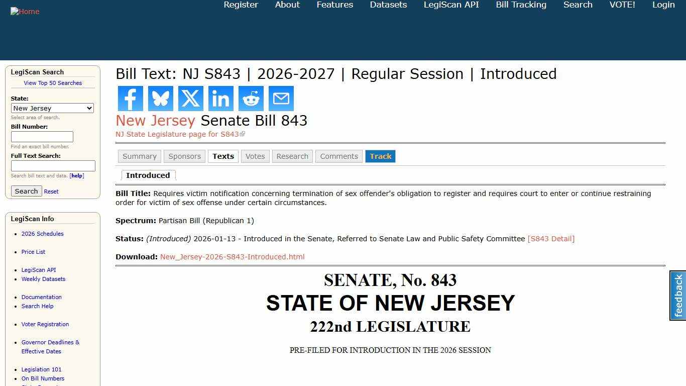 Bill Text: NJ S843 2026-2027 Regular Session Introduced LegiScan