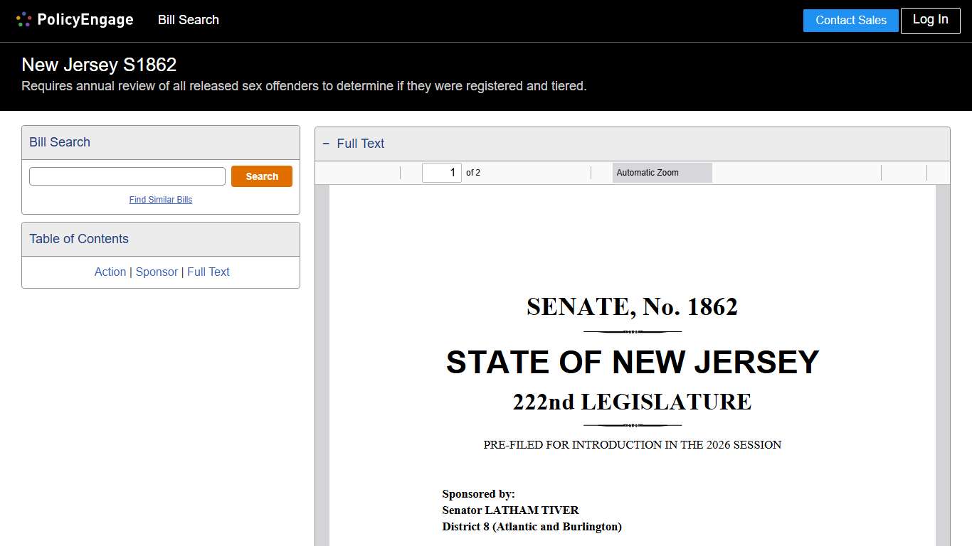 S1862 New Jersey 2026-2027 Requires annual review of all released sex offenders to determine if they were registered and tiered. - Legislative Tracking PolicyEngage