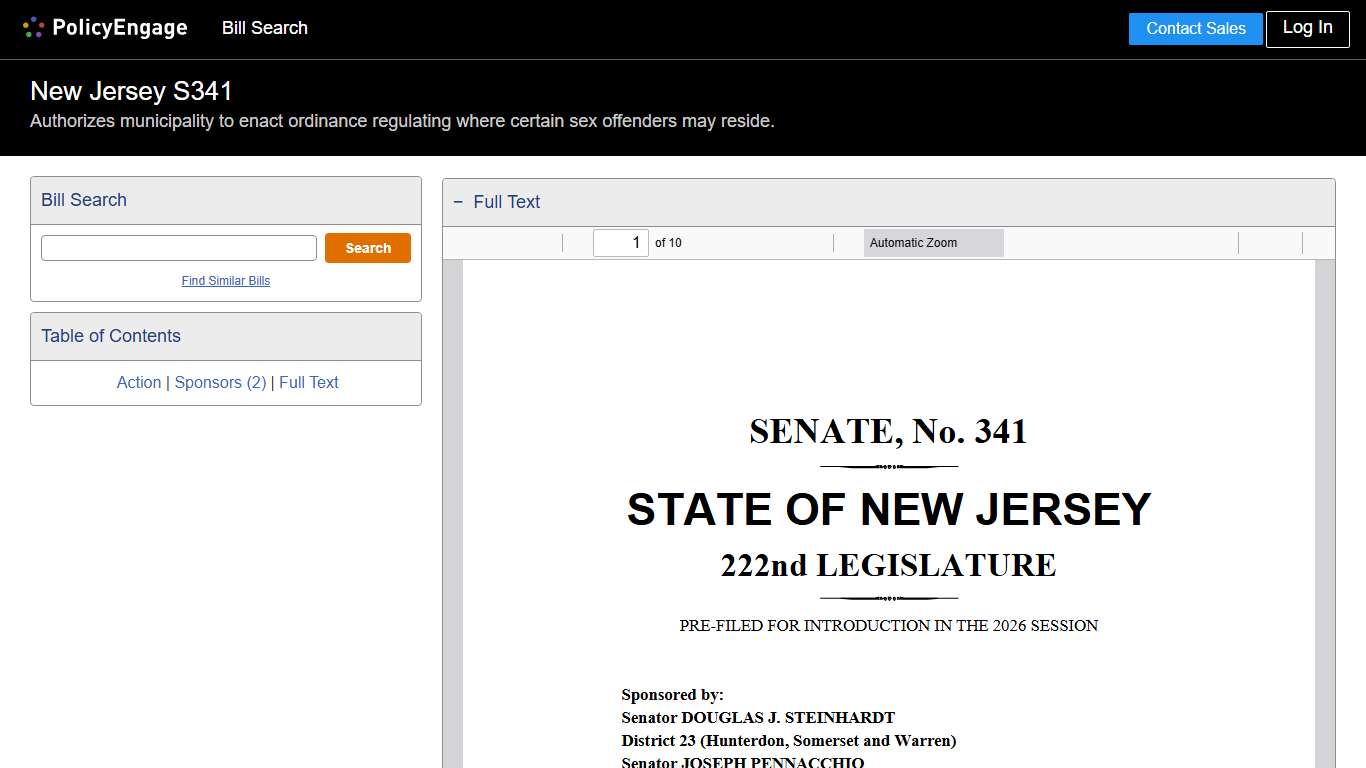 S341 New Jersey 2026-2027 Authorizes municipality to enact ordinance regulating where certain sex offenders may reside. - Legislative Tracking PolicyEngage
