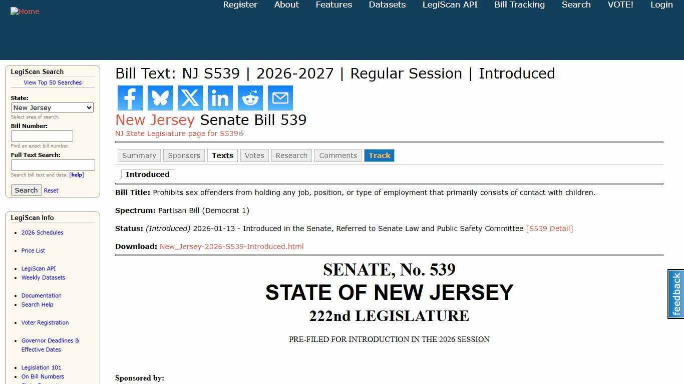 Bill Text: NJ S539 2026-2027 Regular Session Introduced LegiScan